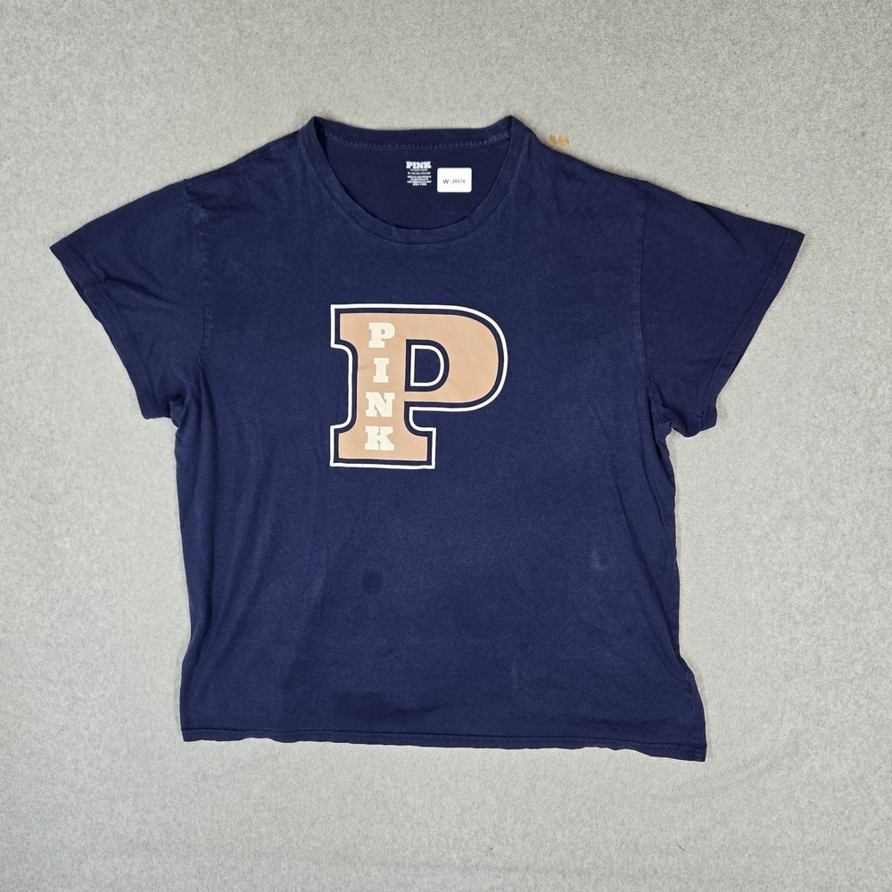 PINK Victoria's Secret Women Shirt XL Navy Blue Graphic Logo Campus Varsity